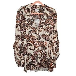 Westbound Womens Tencel Brown Pink Paisley Print Button Down Shirt Plus Size 3XL